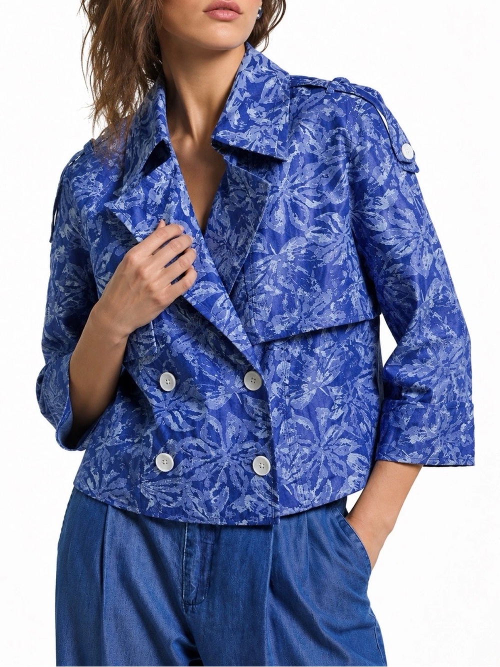 Derek Lam Blue Floral Double-Breasted Cropped Trench Jacket